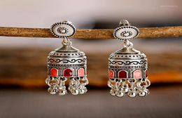 Retro Bollywood Oxidized Womens Jewellery Ethnic Silver Carved Afghan Bell Tassel Drop Jhumka Earrings Wedding Jewelry18155588