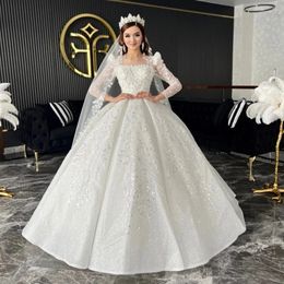 Stunningbride 2024 Великолепное свадебное платье с круглым вырезом и шлейфом, аппликациями, кружевными бусинами, бальное платье, роскошное винтажное свадебное платье с длинными рукавами и бисером