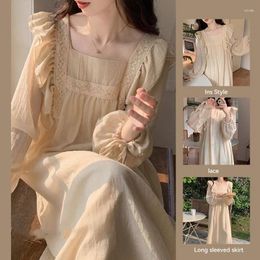 Women's Sleepwear Elegant Nightie Lace Womens Korean Ruffles Nightgown One Piece Pyjamas Autumn Long Sleeve Square Collar Home Wear