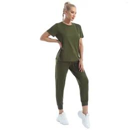 Women's Two Piece Pants 2Pcs Women Solid Running Sets Summer Tracksuits Fitness Sport Suits Short Sleeve T-shirt Harem Set For Sports Casual