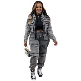 2024 Designer Denim Tracksuits Two Piece Sets Women Fall Winter Sweatsuits Long Sleeve Denim Jacket Pants Pockets Jeans Vintage Outfits Wholesale Clothes 10427