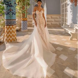 Saudi Arabia Full Lace Mermaid Wedding Dress With Detachable Train Sexy Off The Shoulder Bridal Gowns Charming Long Robe