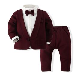 Clothing Sets Babys 1st Birthday Clothing Gentleman Autumn Clothing 1 2 3 Year Boys Party Set Solid Colour Pants Fake 2PCS Set Childrens Wedding Dress 231214