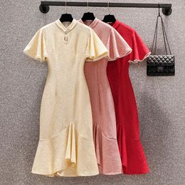 Party Dresses Ruffle Patchwork Vintage Chinese Style Lace Dress Slim Hip Waist Young Lady Work Midi Cheongsam Women Casual Summer