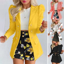 Work Dresses Lady Office Solid Color Puff Sleeve Suit High Waist Button Skirt Two-Piece Set Women Spring Fashion Blazer Commute Outfits