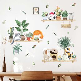 Watercolour Bonsai Plants Shelf Cats Potted Flower Wall Stickers for Living Room Kitchen Decorative Stickers for Furniture Decals