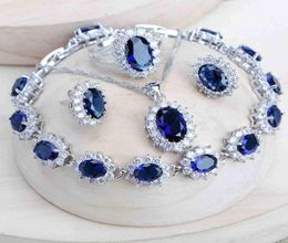 Silver 925 Women Bridal Jewellery Sets Blue Zirconia Costume Fine Jewellery Wedding Necklace Earrings Rings Bracelets Pendant Set6174942