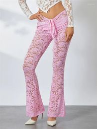 Women's Pants Women Lace Flower Low Waist Drawstring See-through Slim Fit Flare Y2K Aesthetic Beach Club Long Trousers