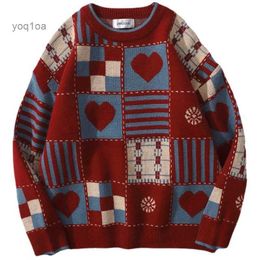 Men's Sweaters Ugly Christmas Sweater Japanese Style Love Grid Knitted Pullover Autumn Men High Street Knitting Sweater Casual O-Neck TopsL231123