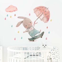 Cute Watercolor Boy Bunny Play Skateboard with Umbrella Wall Stickers for Kids Room Boy Room Nursery Wall Decals Bedroom Murals