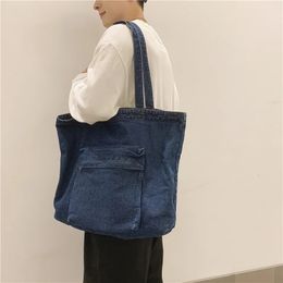 Shopping Bags Denim Shoulder Bag Women Vintage Shopping Bag Zipper Jeans Bookbag Handbag for Men Girls Student Casual Tote with Outside Pocket 231213