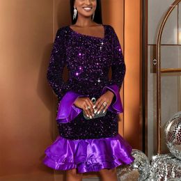 Casual Dresses Sexy Purple Sequined For Women Skew Collar Ful Sleeve Mermaid Mid Calf Luxury Elegant Birthday Party Dinner Vestidos