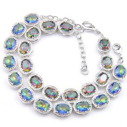 Luckyshine 2 Pcs 925 Sterling Silver Mystic Topaz Oval Rainbow Bracelets Sliver For Women Coloured Zircon Bracelets Bangles Jewelry305D