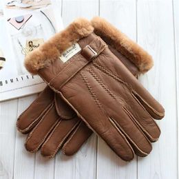 Sheepskin Fur Gloves Men's Thick Winter Warm Large Size Outdoor Windproof Cold Hand Stitching Sewn Leather Finger Gloves 2112207f