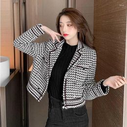 Women's Suits S-XXL Women Blazer Jacket Short Plaid Check Thick Wool Slim Loose Spring Autumn Casual Office Work Black White Khaki