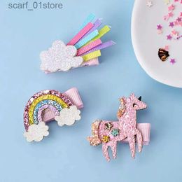 Headwear Hair Accessories 4Pcs Glitter Unicorn Hair Clips For Baby Girls Cute Flamingo Rainbow Hairpins Barrettes Headwear Kids Hair AccessoriesL231214