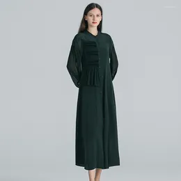 Casual Dresses Green Crepe De Chine Silk Stand Collar Women Splice Georgette Lantern Long Sleeve Single Breasted Shirt Dress AE1785