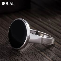 Wedding Rings BOCAI Simple Style Real S925 Silver Man Ring Black Round Plane Solid Fashion Jewelry Accessories 231214