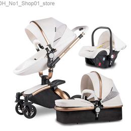 Strollers# Luxury Baby Stroller 3 in 1 PU leather carriage High Landscape Strolle Folding strollers Eggshell Newborn baby pram kinderwagen Q231215