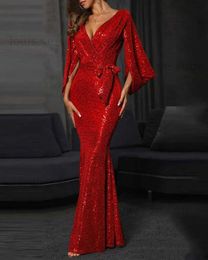 Urban Sexy Dresses Women Mermaid Trumpet Red Sexy Sequin Prom Evening Dresses With Long Sleeves Custom made dress T231214