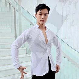 Stage Wear Men'S Modern Dancing Tops White Long Sleeves Latin Dance Shirt Adults Rumba Samba Tango Performance SL9547