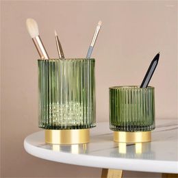 Storage Boxes Gold Rimmed Glass Bucket Rich Texture Stripe Pen Holder Thicken Dark Green Cosmetic Box Desktop Vase