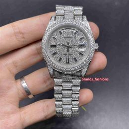 New men's Iced diamond watch Black bar scale watches silver stainless steel automatic mechanical watch351P