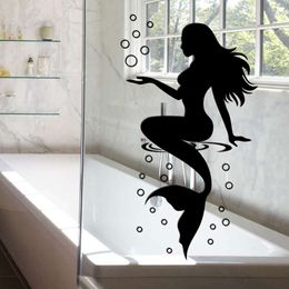 Black White Mermaid Bubbles Wall Stickers for Bathroom Glass Door Decorative Stickers Toilet Decals with Self-adhesive Vinyl
