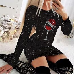 Casual Dresses Christmas Glitter Bodycon Dress Women Wine Glass Print Party Mini O-Neck Elegant Winter 2023 Vestidos