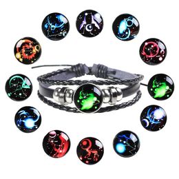 12 Constellations starry sky Bracelet Handmade leather luminous bracelets Zodiac Glass Charm Bracelet for Christmas present s253d