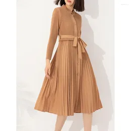 Casual Dresses Fall Winter Women's Dress Stand-up Collar Row Buckle Waist Tie Fashion Pressed Pleated Skirt Simple Loose
