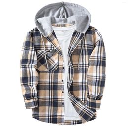 Men's Casual Shirts Autumn Women Hoodie Coat Plaid Print Loose Hooded Long Sleeves Drawstring Cardigan Single-Breasted Buttons Spring Jacket