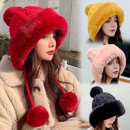 BeanieSkull Caps Pompom Winter Hats For Wome Earmuffs Thicken Earflapped Hat Fleece Lined Girl Knit Bonnets Cute Ladies Ear Beanies Cap y231212