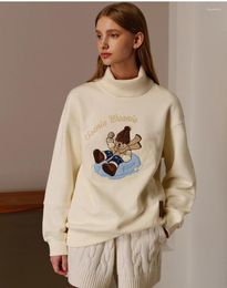 Women's Hoodies Snow Skiing Bear Embroidery Tee Fleece Flocking Winter Sweatshirts For Women White Tops Loose Casual Thick Anime