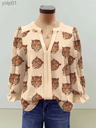 Women's Blouses Shirts Tiger Leopard Panel Print Button Front Shirt Casual Long Sle Blouse For Spring Fall Women's Panel Puff Sle TopL231214