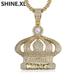18K Gold Plated Micro Paved Cubic Zircon Crown Pendant Necklace Men Hip Hop Bling Jewellery Gift2688