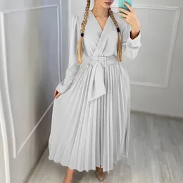 Casual Dresses Elegant V-neck Spliced Pleated Swing Long Dress Women Spring Solid Sashes Boho Party Autumn Sleeve Loose Maxi