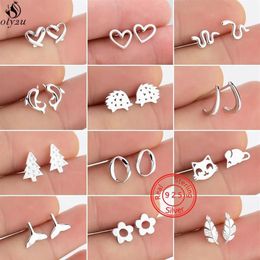 Stud Real 925 Sterling Silver Heart Earrings For Women Korean Small Dolphins Snake Leaf Flower Earings Jewelry Accessorie313u
