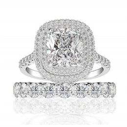 2PCS Couple Rings Luxury Jewelry 925 Sterling Silver Cushion Shape White Topaz Pave CZ Diamond Gemstones Gemstones Women Wedding B315Q