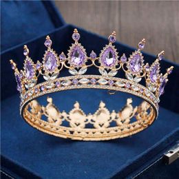 Gold Purple Queen King Bridal Crown For Women Headdress Prom Pageant Wedding Tiaras and Crowns Hair Jewellery Accessories 210616274J