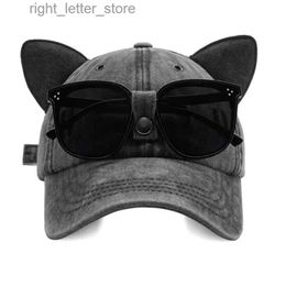 Ball Caps Girls Cat Ears Sunglasses Pink Baseball Cap Ins Personality Ins Trendy Cool Girl Cap Washed Retro Cotton Baseball Hat YQ231214