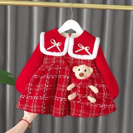 Girl s Dresses Girls Dress 2023 Plaid Plush for Kids Autumn Winter Children Princess Costume Christmas Party Baby Girl Clothes 231214