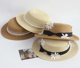 2022 New Sun Hat Straw Boater Top Summer Hats Women Beach Flat Brim Cap Bowknot Ribbon for Holiday Sombreros De Sol Pearl Caps7942923