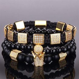3pcs set natural stone beads men bracelet set CZ crown charms & bangles Jewelry for women ball zirconia bracelets femme Gift holi229J