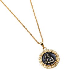 Gold Round Enamel Islamic Pendant Necklace Earring Set Cubic Zirconia Religious Jewelry6930361