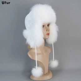 Trapper Hats 100 Real Fur Hat for Women Natural Silver Russian Ushanka Winter Thick Warm Ears Fashion Bomber Cap 231214