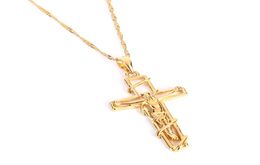 24k Gold Colour Cross Pendant Necklace Women Men Jewellery Whole Trendy Crucifix Jesus Cross Pendant5287338