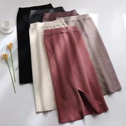 Skirts Autumn Winter Women's Hip Wrap Hight Waist Skirt Medium Long Wool Plain Split Knit Slim For Women