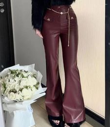 Women's Pants Wine Red Leather Flare Women Fall Winter 2024 High Waisted Vintage Streetwear Fashion Black Brown Bell Bottom Trousers