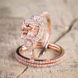 Wedding Rings Female Square Ring Set Luxury Rose Gold Filled Crystal Zircon Band Promise Engagement For Women Jewelry Gifts274j